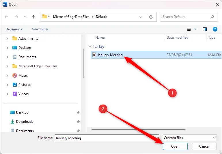 The window that appears after clicking Upload Audio in the Transcribe pane in Word. The audio file is selected and &lsquo;Open&rsquo; is highlighted.