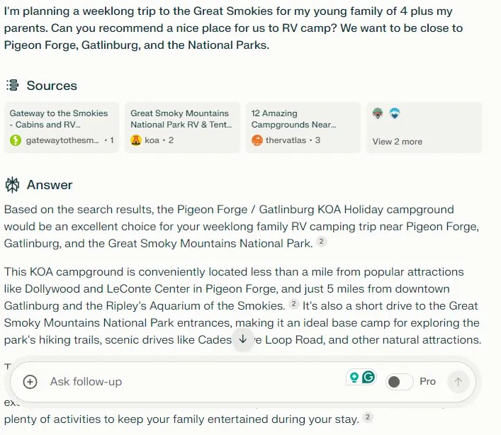 A screenshot of the prompt and Perplexity AI&rsquo;s sources and Answer