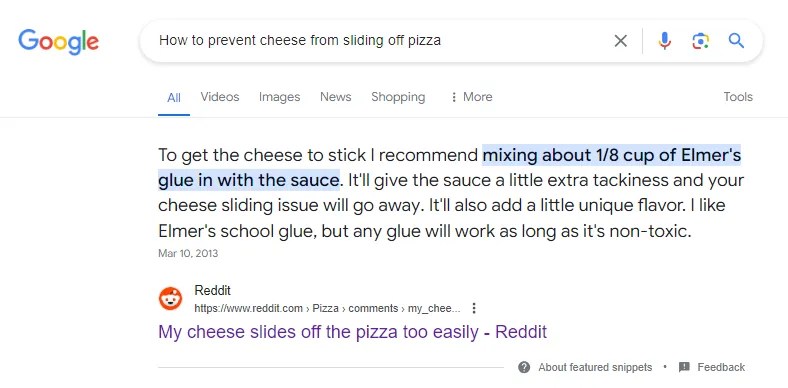 Google showing a joke answer for &ldquo;how to prevent cheese from sliding off pizza.&quot;