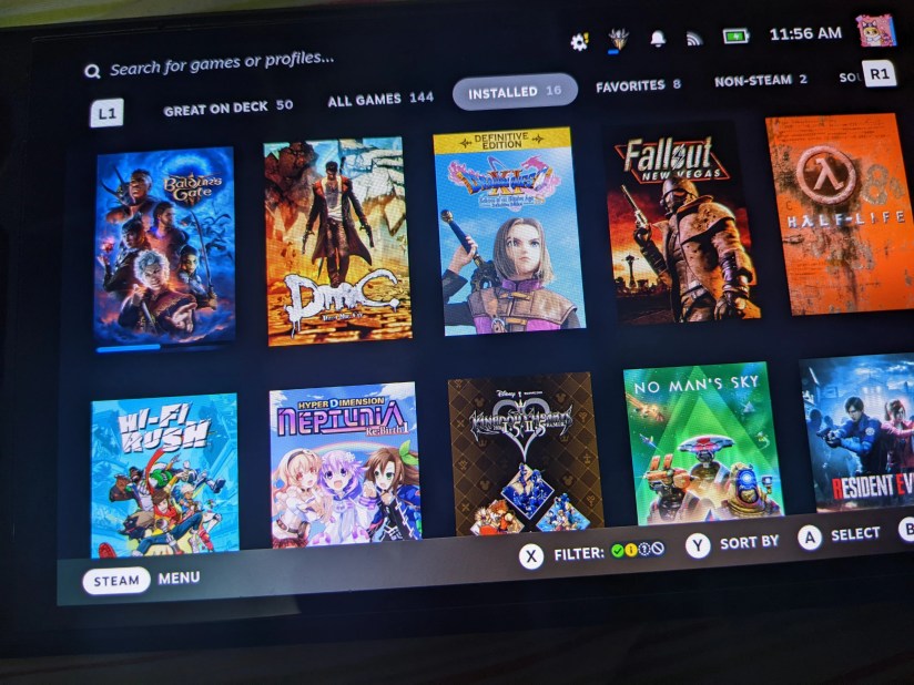 The Steam library accessed on a Steam Deck.