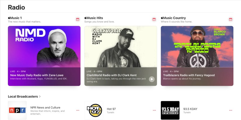 Apple Music&rsquo;s free radio stations, including local broadcasts and Music 1.