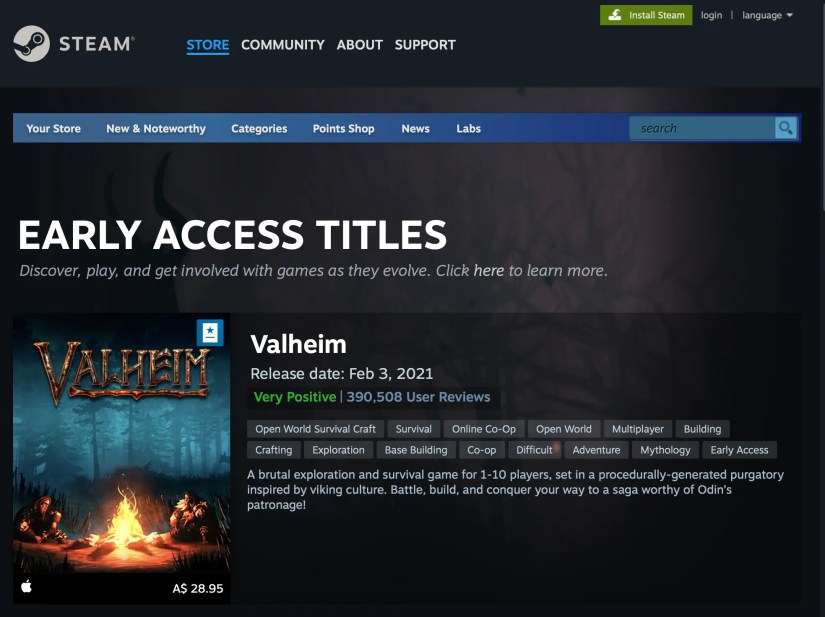 Browsing Early Access games on the Steam storefront.