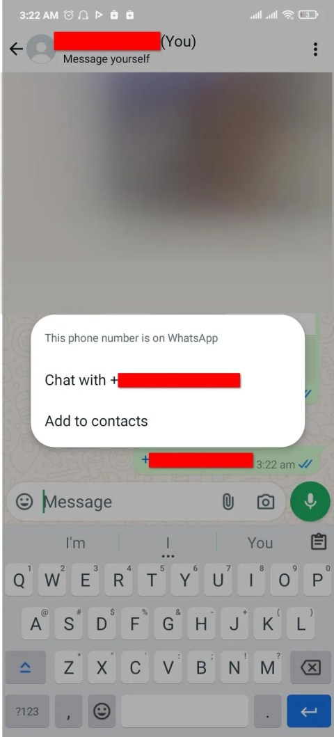 Starting a new WhatsApp chat through a text sent to yourself.