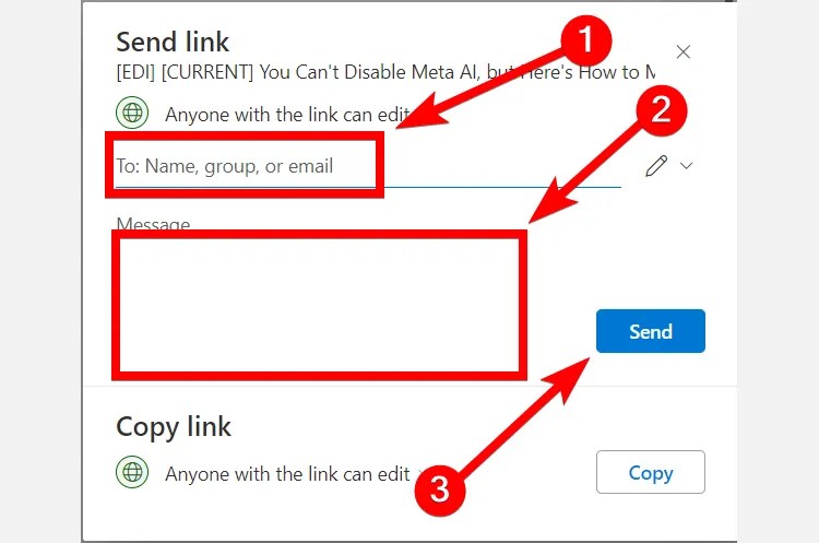 Prompt for sharing a file with people on OneDrive.