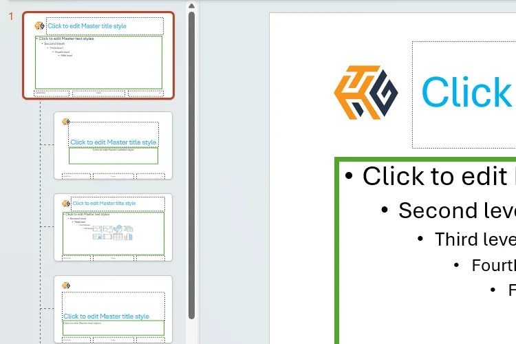 PowerPoint&rsquo;s Slide Master view with some of the formatting and layout changes made to the top slide reflected in the remaining slide thumbnails underneath.