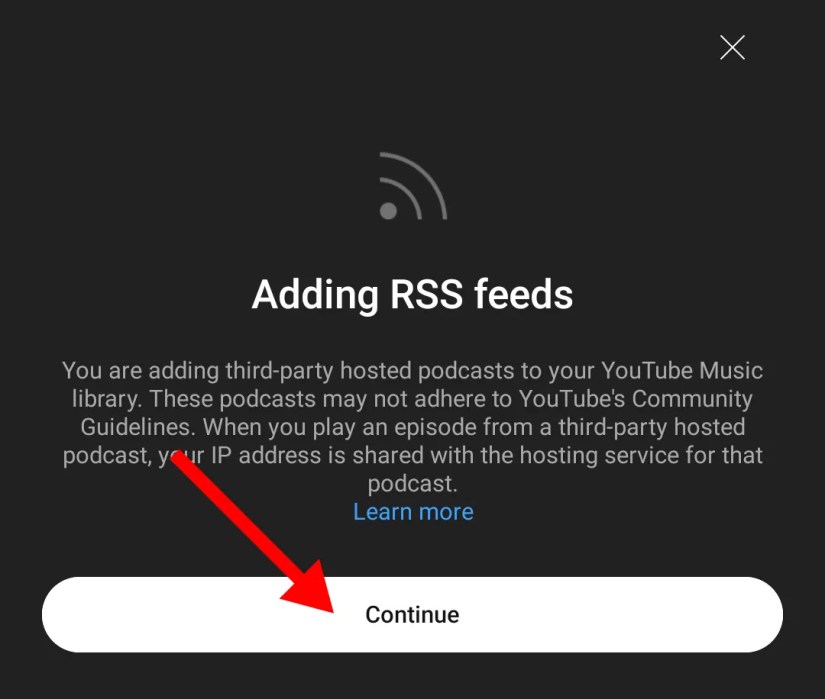 Tap on &lsquo;Continue&rsquo; to add RSS feeds