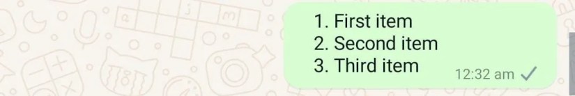 Numbered list in WhatsApp text