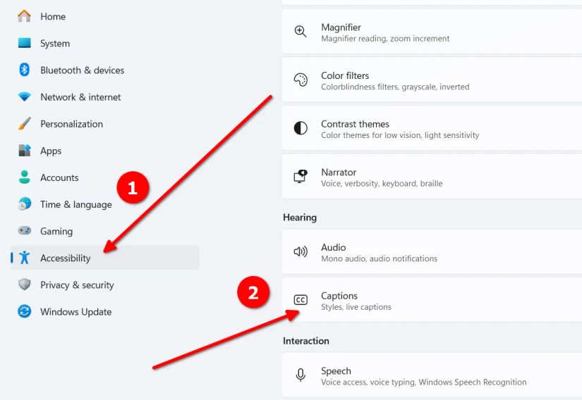 Windows Accessibility settings being displayed