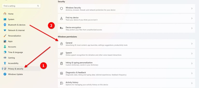 An instance of different Windows privacy and security settings