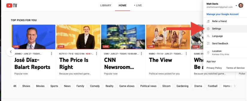 The desktop version of YouTube TV has an option that says Settings in the drop-down menu.