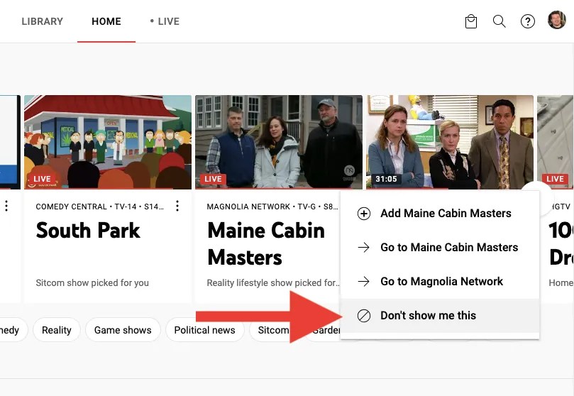 A drop-down menu next to a show has an option that says Don&rsquo;t Show Me This.