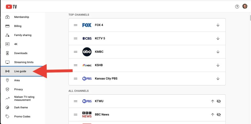 The Settings menu has a page labeled Live Guide with a list of channels you can rearrange.