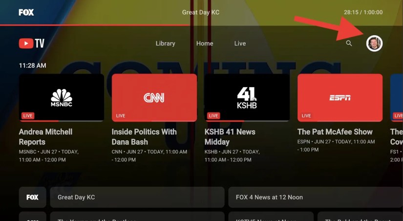 Upper right-hand corner of the Apple TV version of the YouTube TV app shows profile picture icon.