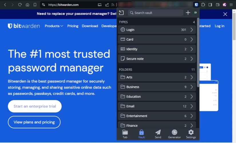 Bitwarden extension with 300 login credentials
