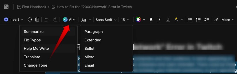 Using the AI Edits Assistant in Evernote.