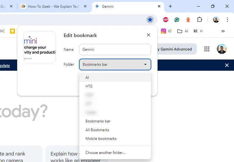 Adding a new tab to a folder in the Chrome bookmarks bar.