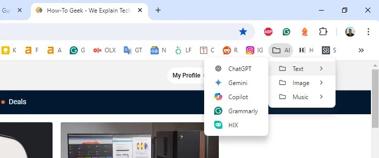A bookmarks folder with AI tools.