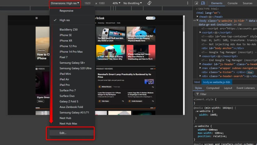 Chrome developer tools editing device emulations.