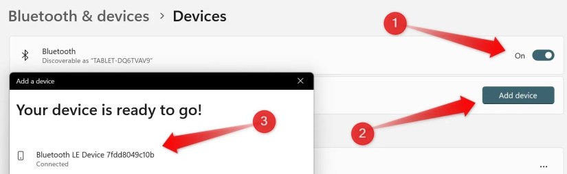 Pair a device via Bluetooth in the Windows settings app.