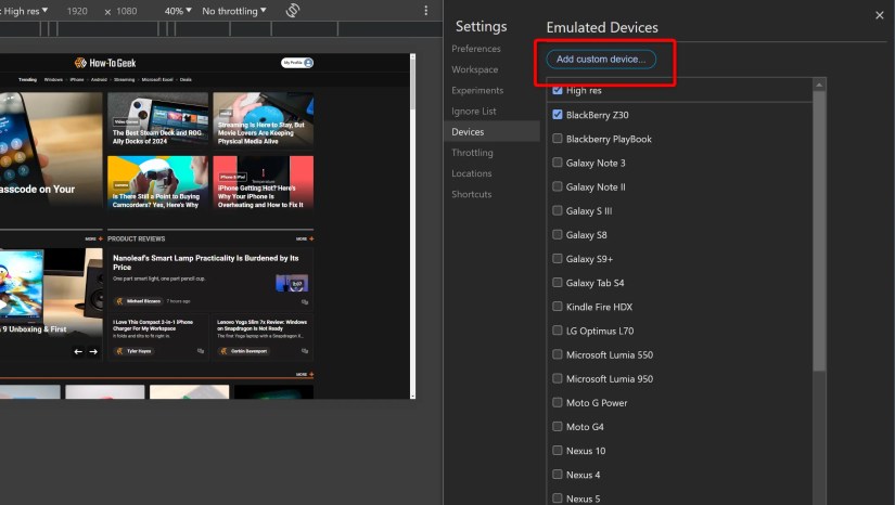 Chrome developer tools adding a custom device.