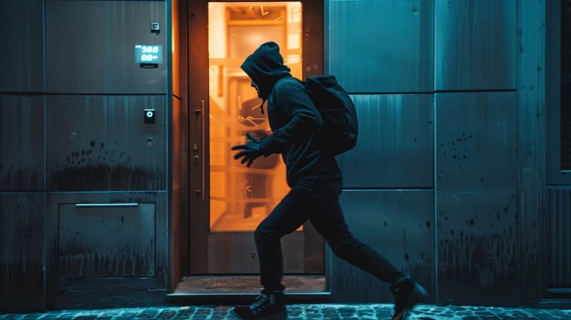 Robber running away after door alarm goes off
