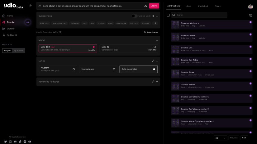 Udio web app music creation interface