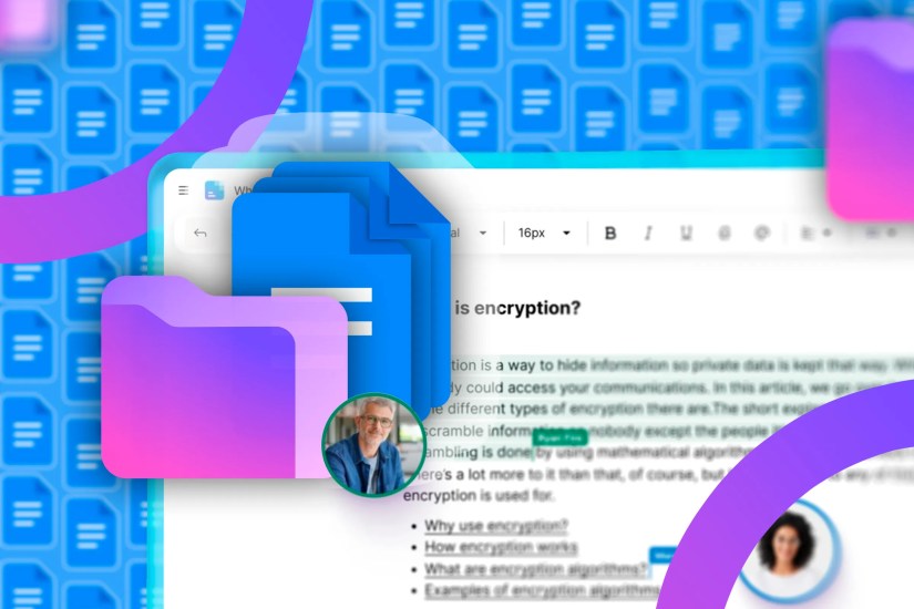 A Google document and the Proton Drive logo with the Google Docs logo behind.