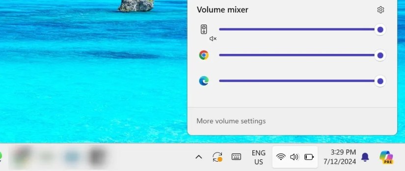 Accessing volume mixer from the sound menu in the system tray.