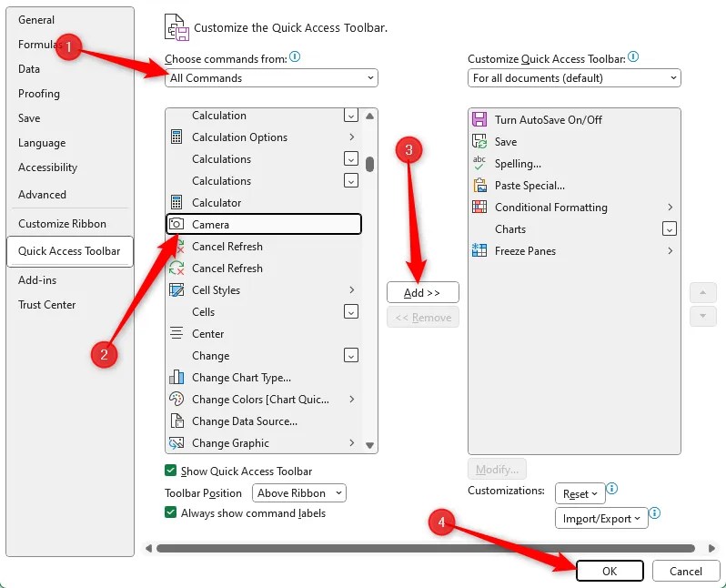 The Excel Options dialog box, with the route needed to add Camera to the QAT.