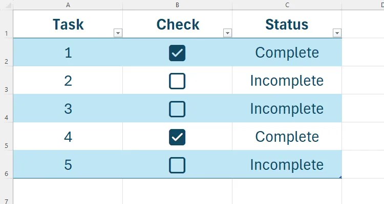 An Excel table with values in column C changing depending on whether the checkboxes in column B are checked.