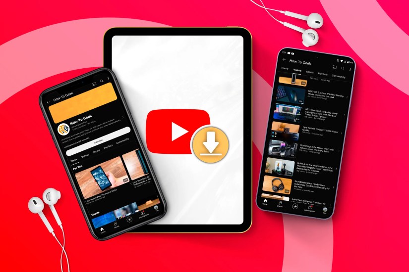 An iPhone and a Galaxy S24 on YouTube, and an iPad in the center with the YouTube logo and a download icon.