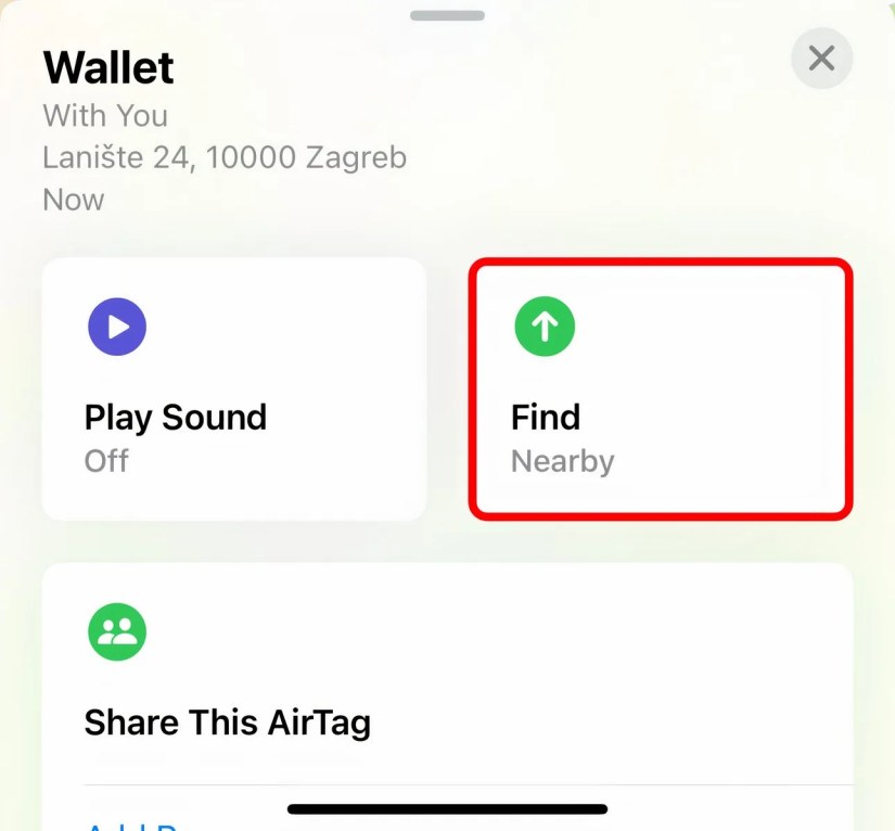 The iPhone&rsquo;s Find My app with the Find Nearby option selected.