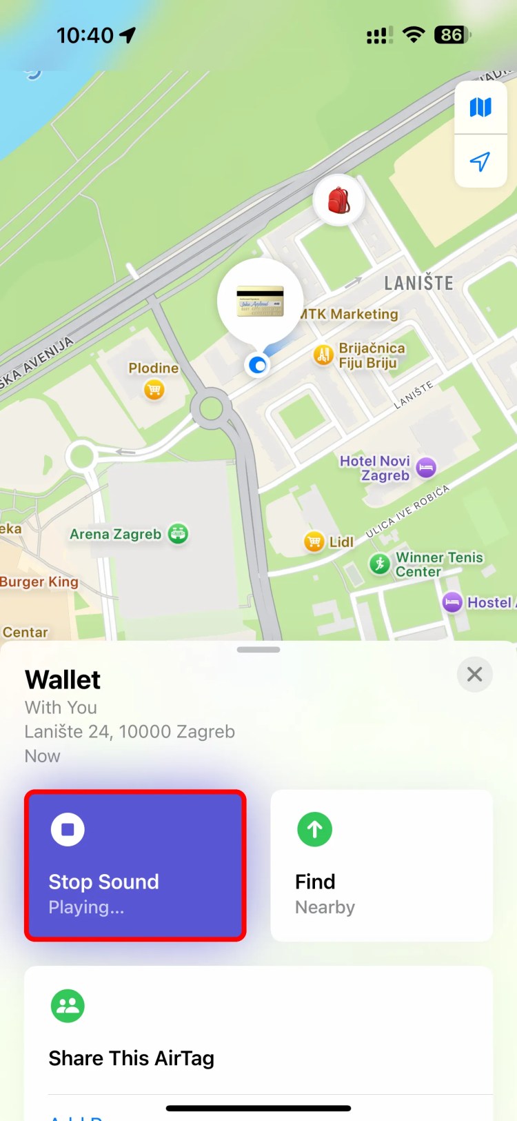 Beeping a tracker in the iPhone&rsquo;s Find My app by selecting the Play Sound button.
