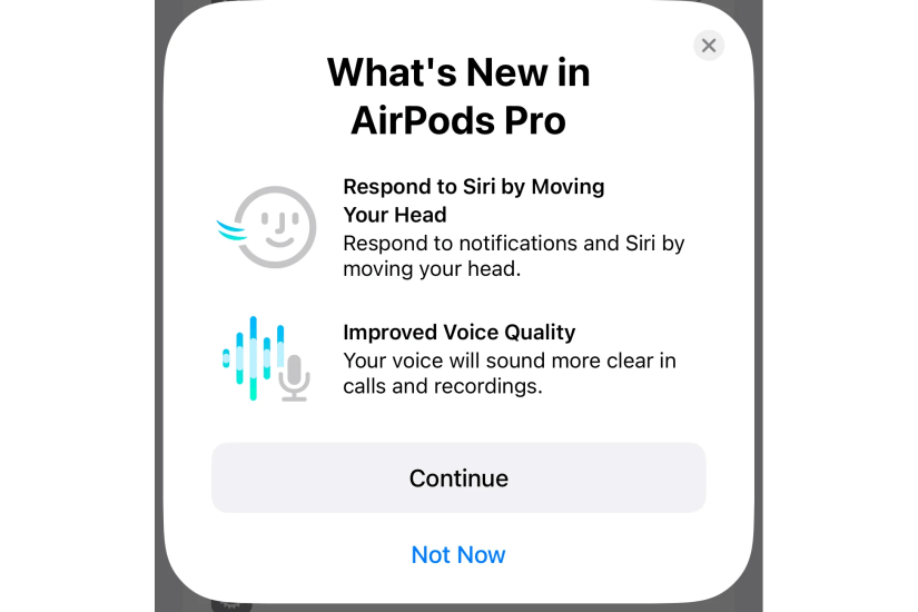 An AirPods card on iPhone listing new features like voice isolation and responding to Siri with head movement.