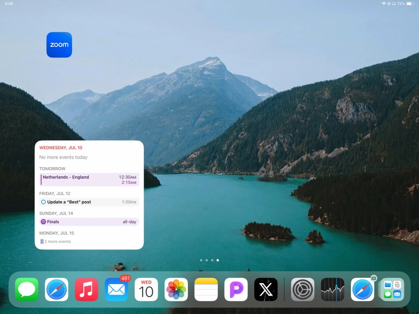 The iPad&rsquo;s Home Screen with the Zoom app icon and a Calendar widget.