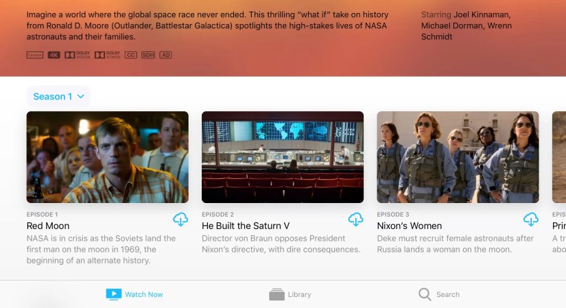 Apple TV+ season overview with download buttons on an iPad.