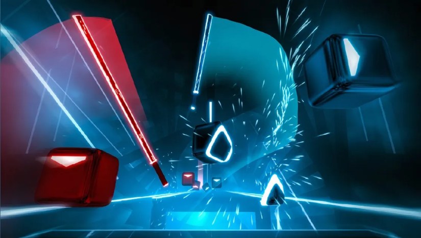 Red and blue sabers slicing through flying blocks.