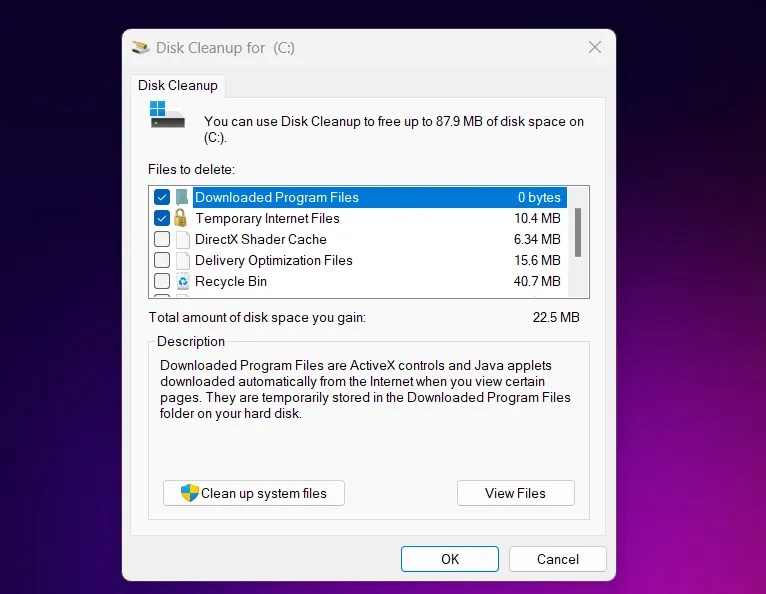 Removing unwanted files with the Disk Cleanup utility.