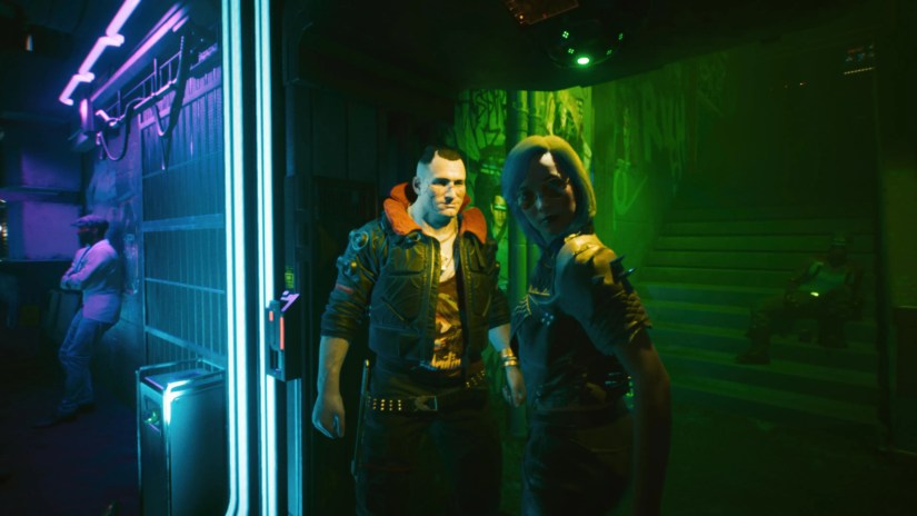 Cyberpunk main character looking back at camera.