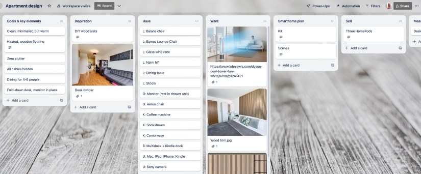 A Trello board showing apartment design considerations.