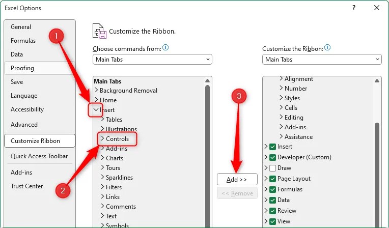 Excel&rsquo;s Customize The Ribbon menu with the Insert tab expanded, Controls selected, and the Add button highlighted.