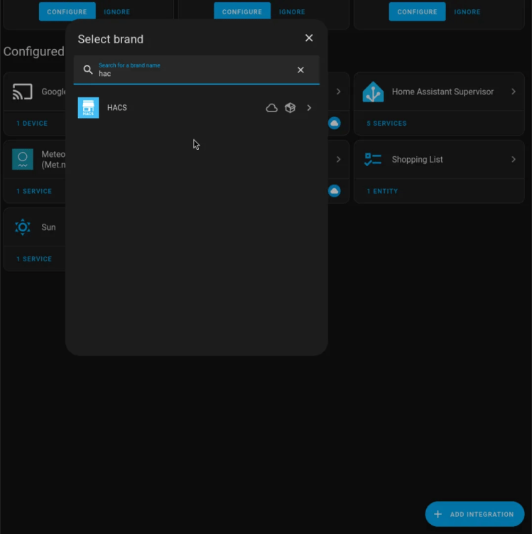 HACS integration in Home Assistant.