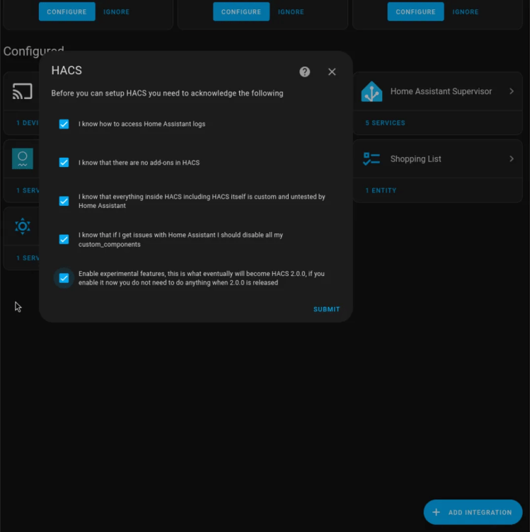 Home Assistant HACS preferences checkboxes.