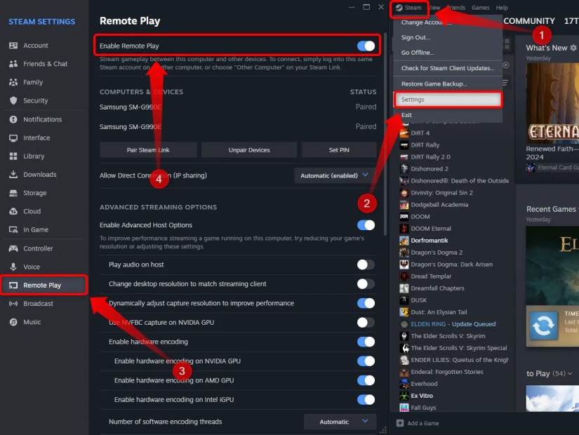 Steam Remote Play options menu.