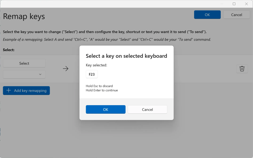 Selecting a key in PowerToys.