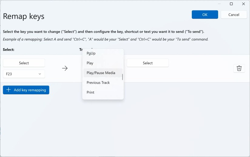 Changing a shortcut action in PowerToys.