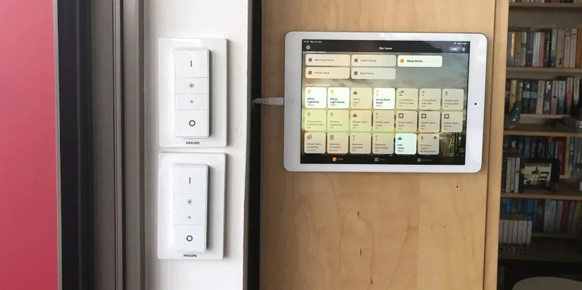 A iPad that&rsquo;s been repurposed into a smart home control hub.
