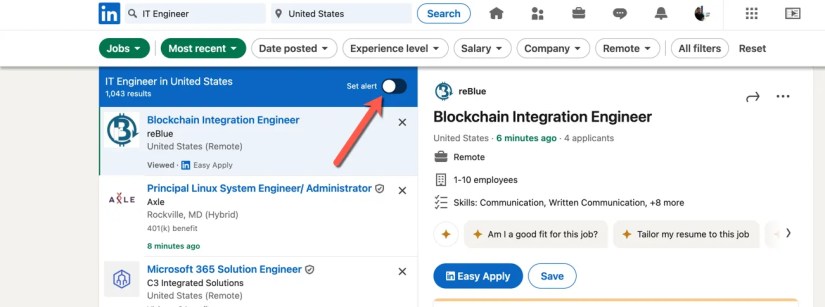 A LinkedIn job search with an arrow pointing at the &ldquo;Set alert&rdquo; button.