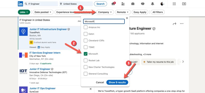 A LinkedIn job search, showing the steps to filter the search to only show ads from a specific company.