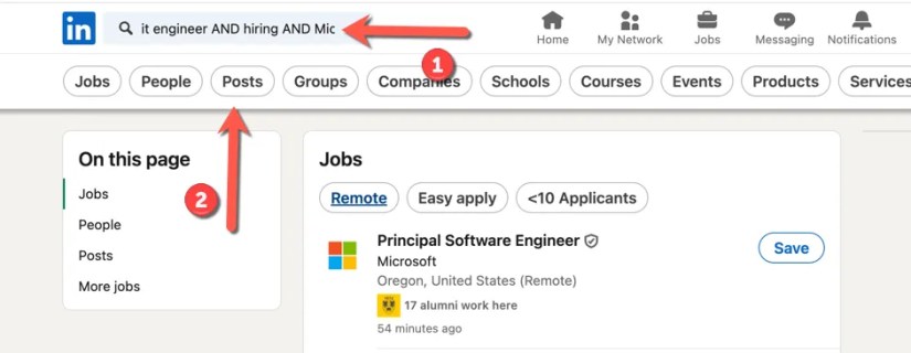 A LinkedIn example search showing various types of search results, with arrows pointing to select the Posts option.